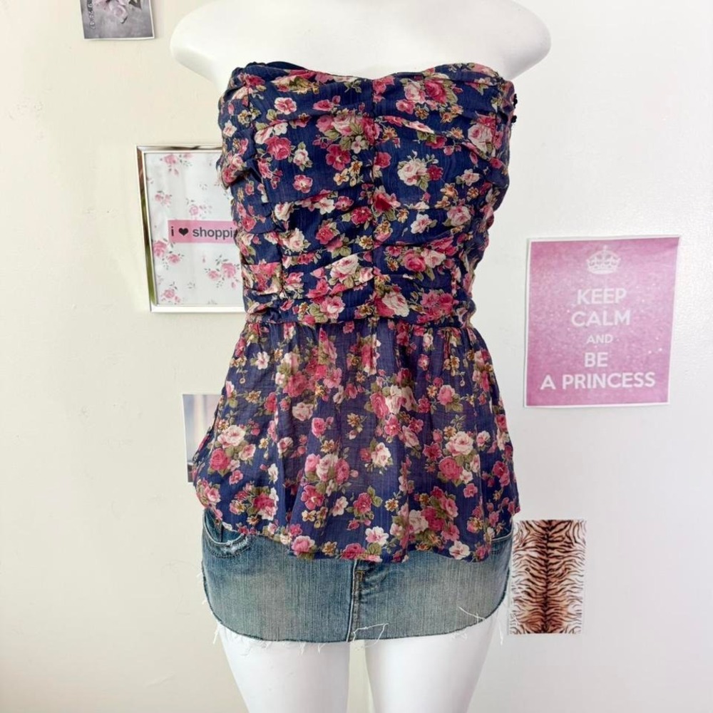 Y2K Deb Floral Strapless Peplum Top – Size L